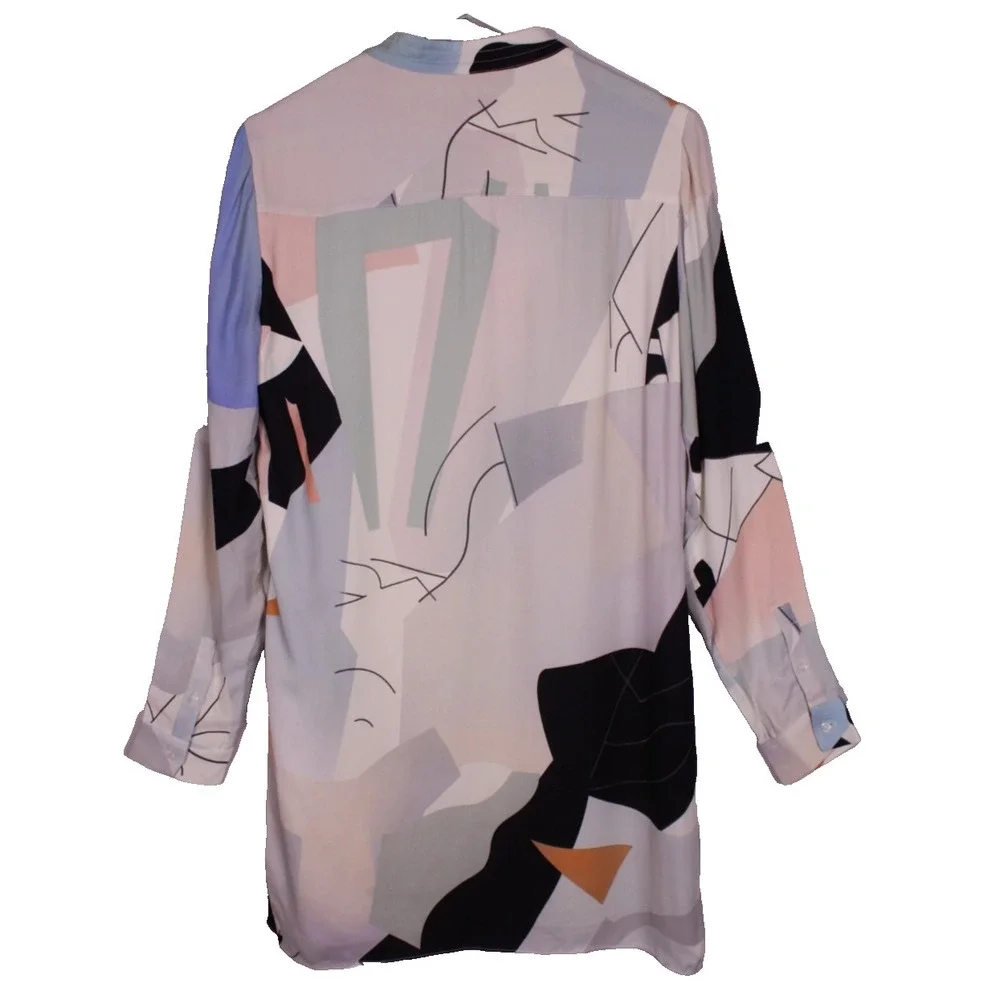 Reiss Mini Dress Rosa Abstract Size 8 Nuanced Collar Tie V-neck  Long Sleeves